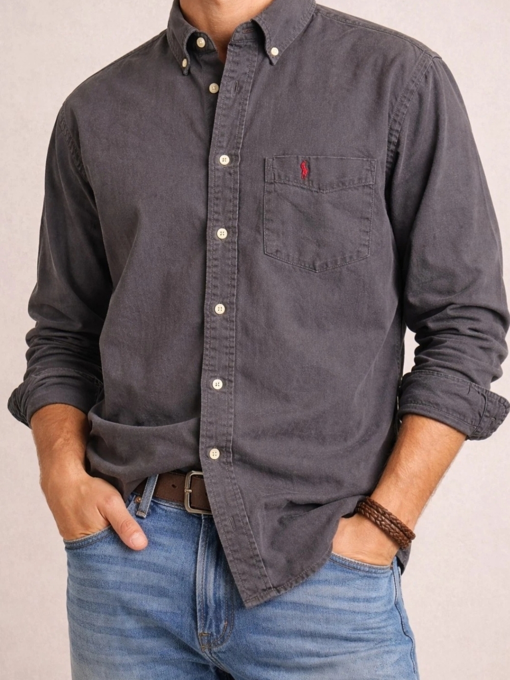 Ralph Lauren Polo Button Down Shirt XL Dark Gray Long Sleeve Cotton Classic Fit